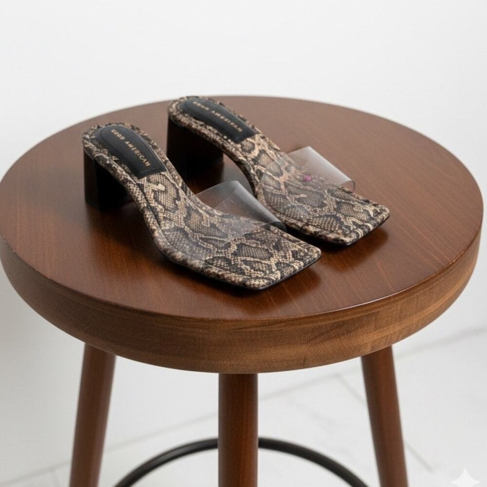 Good American Snake Print Clear Strap Block Heel Sandals Brown Size 6 Womens